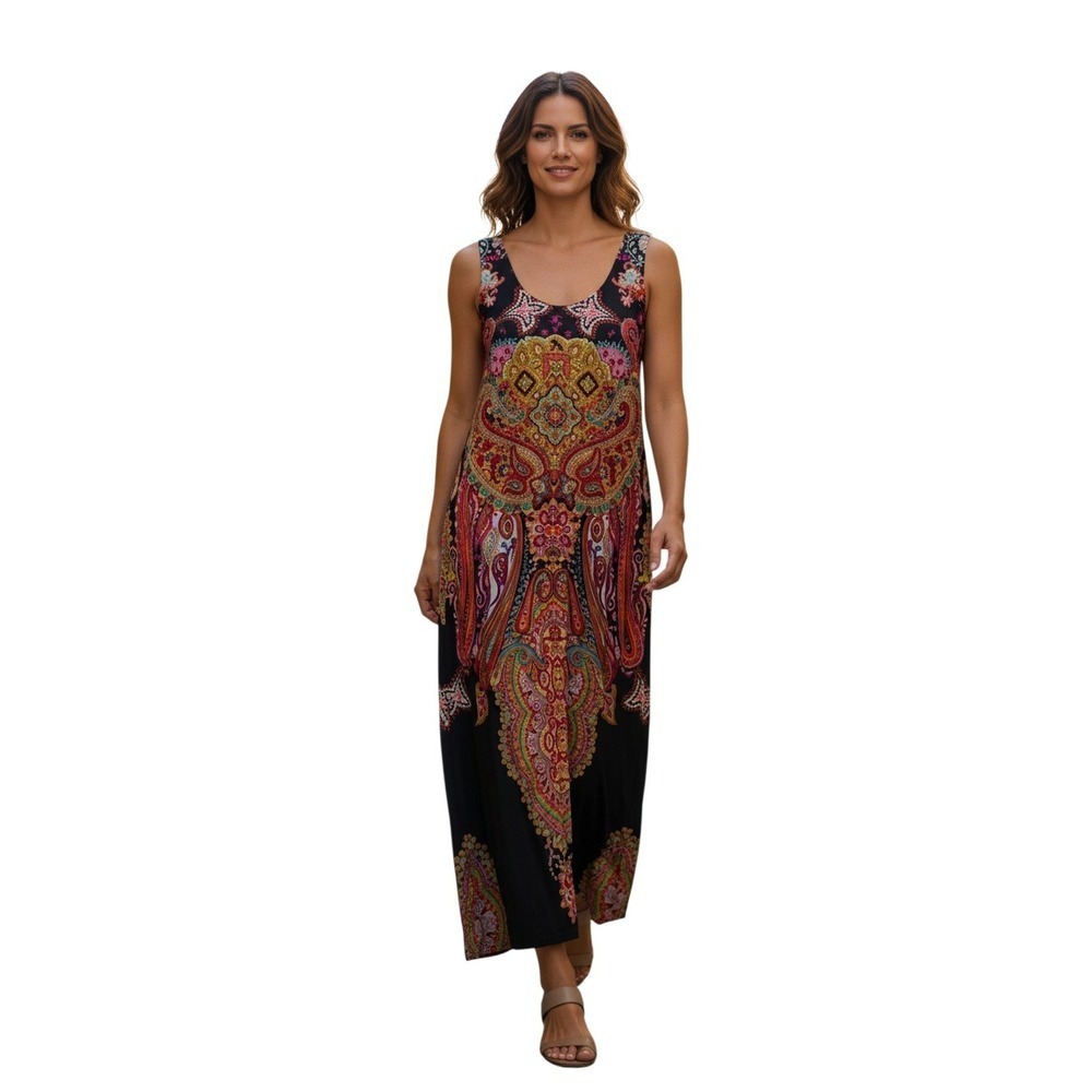 One World Paisley Floral Maxi Dress Slvless Rhinestone Boho Orange M Cottagecore